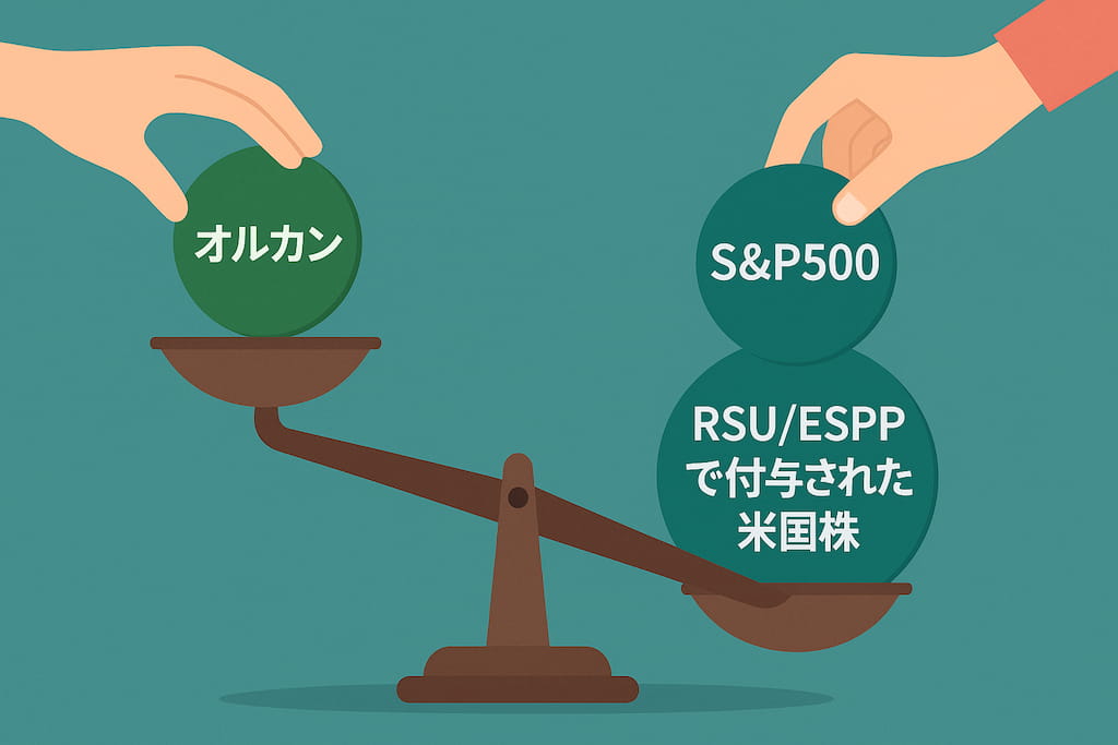 RSU・ESPPで付与された米国株に偏った資産バランスを示す天秤に、さらにS&P500を載せようとする手と、左側にオルカンを載せようとする手が描かれたイラスト