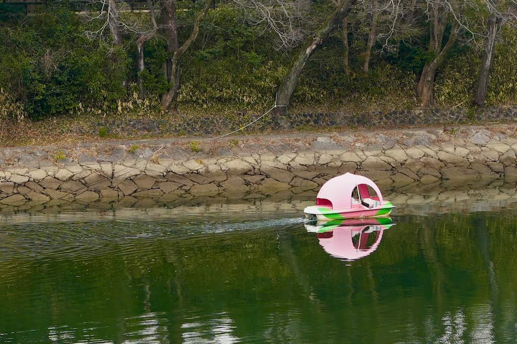 旭川に浮かぶ桃型のボート。桃太郎ゆかりの岡山らしいユニークな光景。