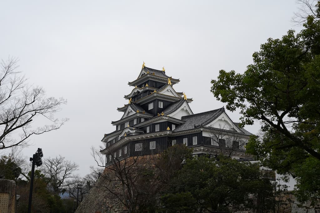 黒塗りの外観が特徴の岡山城天守閣。1966年再建、2022年に大改修された「烏城」。