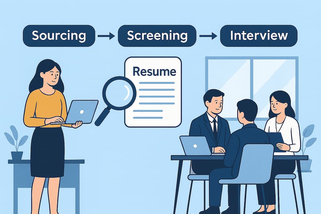 外資IT企業の採用プロセス（ソーシング・スクリーニング・面接）を示したビジネスイラスト。履歴書の確認と面接の流れをわかりやすく表現した図。