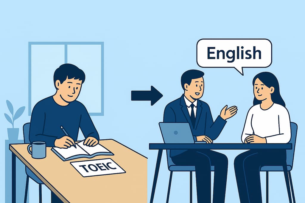 外資ITの面接対策として、TOEIC学習から英会話トレーニングへ移行する様子を描いたイラスト